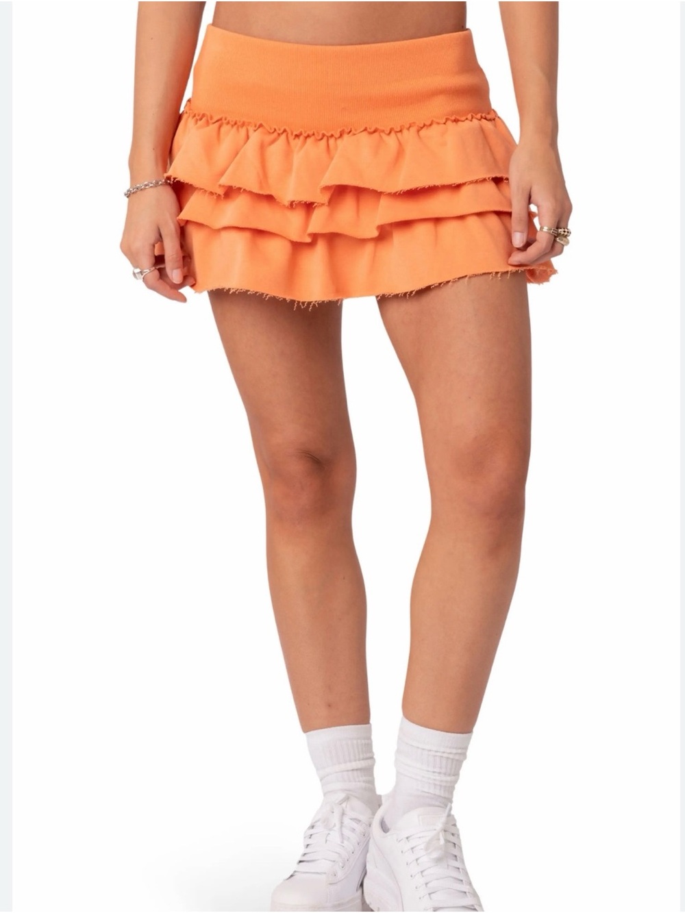 Edikted Orange Tiered Ruffle Mini Skirt
